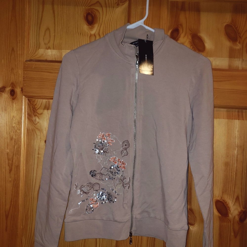 BCBGMAXAZRIA Putty Taupe Embroidered Sequin Zip Up Track Jacket BC10905J NWT S